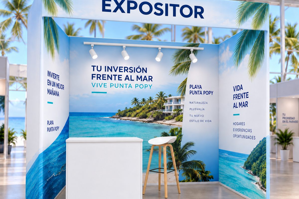 Render del stand Esencial, de 2 × 2 m, con panelería tensada impresa, counter, silla alta y luces en riel