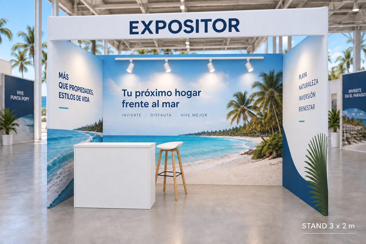 Render del stand Impulso, de 3 × 2 m, con panelería tensada impresa, counter, silla alta y luces en riel