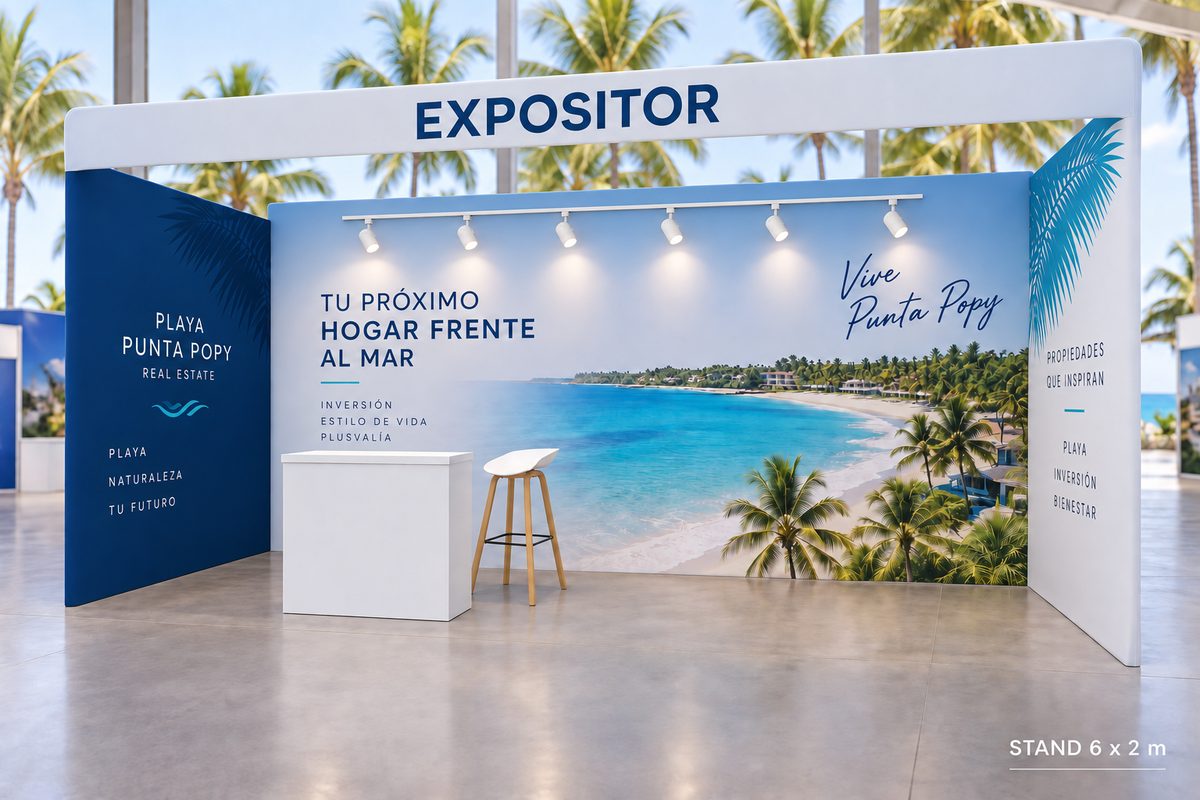 Render del stand Protagonista, de 6 × 2 m, con panelería tensada impresa, counter, silla alta y luces en riel